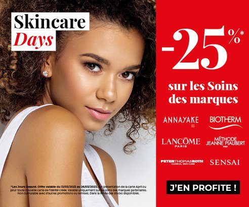 Skincare Days : 25% sur les soins des marques patenaires (Annayake, Biotherm, Lancôme, MJP, Peter Thomas Roth, Sensai)